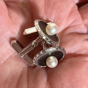 Antique Vintage Sterling silver MOP Real Pearl Round MCM Mod Art Deco Cufflinks